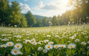 A field of daisies in full bloom under a bright sunny sky with trees and distant hills in the background