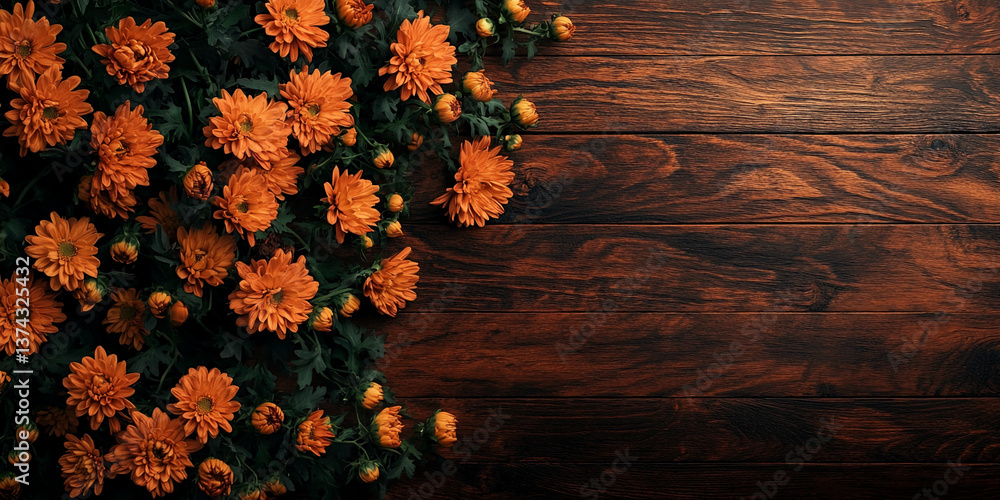 Poster orange chrysanthemum flowers on dark brown wood background, creating a rustic autumnal scene with am