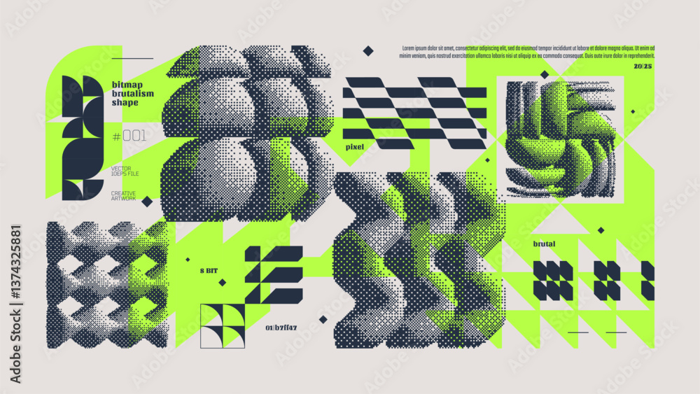 Poster dithering bitmap abstract vector color background with postmodern geometric graphic brutalism shapes