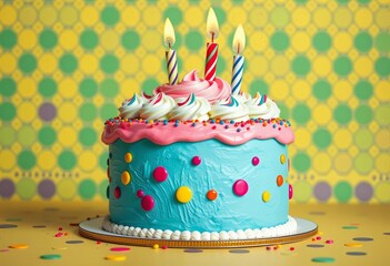 Vibrant pop art birthday cake, bold colors, Ben-Day dots background, high contrast lighting, artwork, graphic