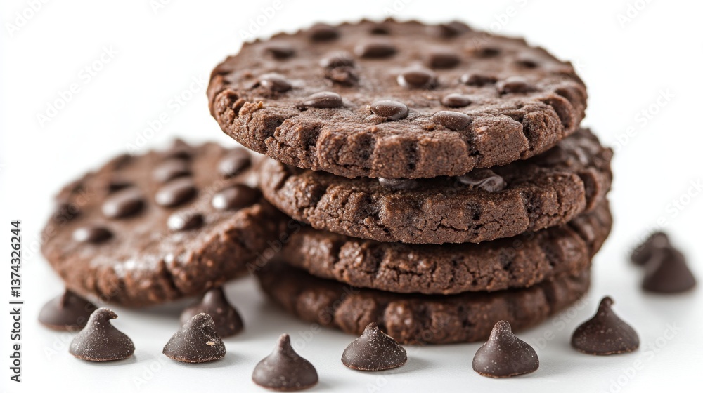 Poster stacked chocolate chip cookies on white background creating a delicious and tempting dessert scene w