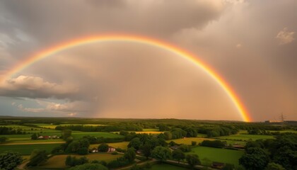 Fototapeta premium Vibrant rainbow arcing over a dramatic, dark stormy sky above a lush green rural landscape, rain, clouds