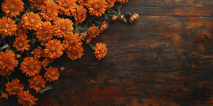 Orange chrysanthemum flowers arranged on dark brown wood background, leaving ample free space for text or design element.  Autumnal floral arrangement, showcasing natural beauty and rustic charm