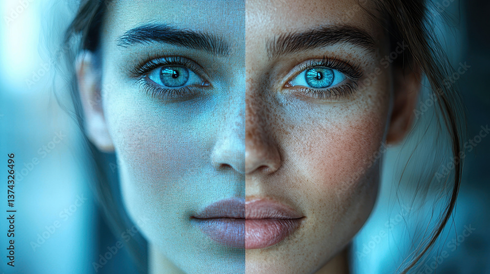 Poster digital face transformation showcasing the contrast between real and deepfake versions of a person's