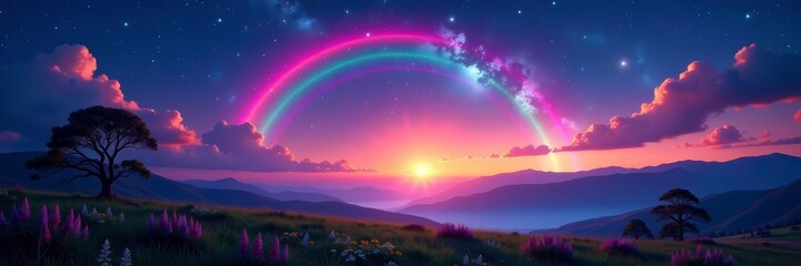 Vibrant rainbow stretching across vibrant landscape under starry night sky, nature, awe-inspiring, stars