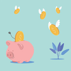 Financial well-being, accumulation of money on deposit, profitable investments. Vector graphics, piggy bank, gold coins dollar