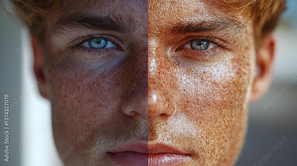 Poster digital transformation showcasing real and deepfake facial features in high detail with ai-generated