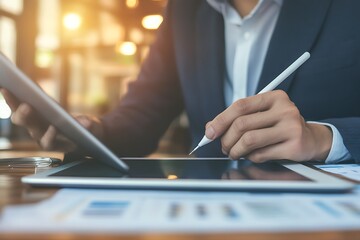 Obraz premium Businessman Hand with Stylus on Tablet and Financial Reports on Desk in Warm Light