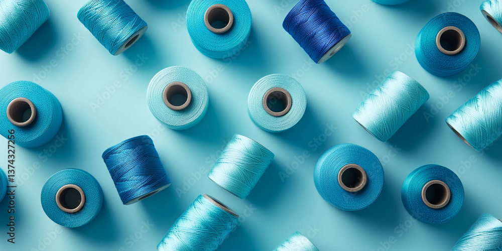 Poster blue and light-blue spools of thread arranged on a light-blue background create a textured, geometri