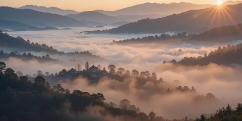 Obraz premium Ethereal Sunrise A Misty Village in the Valley Bathed in the First Light of Day