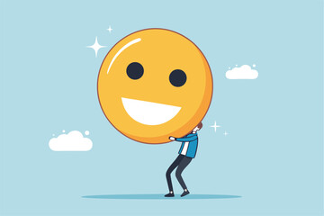 Job satisfaction, employee happiness or optimistic attitude, cheerful morality or endorphins for positive thinking, feel good, emotional intelligence concept, businessman carry big happy smile face.
