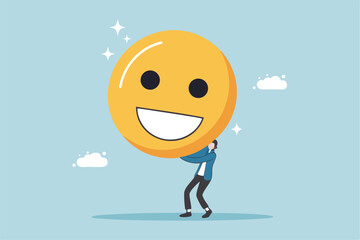 Job satisfaction, employee happiness or optimistic attitude, cheerful morality or endorphins for positive thinking, feel good, emotional intelligence concept, businessman carry big happy smile face.
