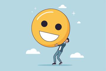 Job satisfaction, employee happiness or optimistic attitude, cheerful morality or endorphins for positive thinking, feel good, emotional intelligence concept, businessman carry big happy smile face.
