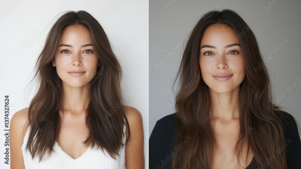 Aufkleber model poses with natural makeup showing versatility in style and expression in bright setting