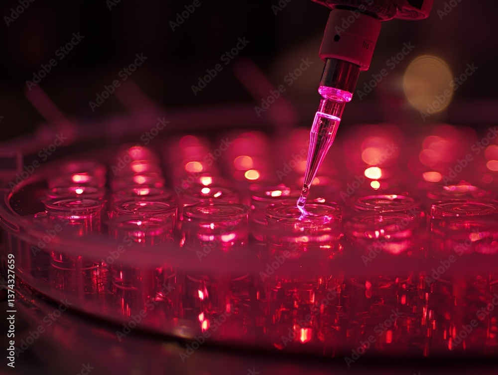 Poster red light illuminating droplet from pipette over black laboratory plate creating high contrast diagn