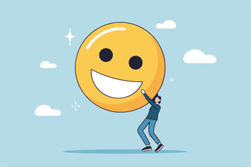 Job satisfaction, employee happiness or optimistic attitude, cheerful morality or endorphins for positive thinking, feel good, emotional intelligence concept, businessman carry big happy smile face.