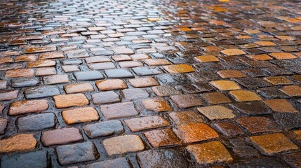 Wet cobblestone street texture in urban environment  