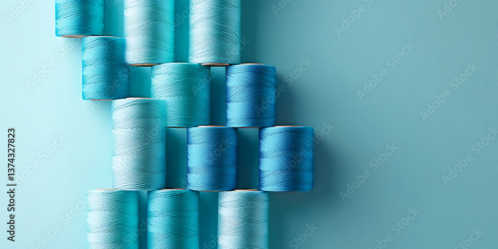 Poster arrangement of teal and blue spools of thread against a light blue background, creating a visually a