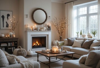  Hygge Halloween Scandinavian Living Room with Neutral Tones, Minimalist Pumpkins and Cozy Twinkling Lights