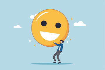 Job satisfaction, employee happiness or optimistic attitude, cheerful morality or endorphins for positive thinking, feel good, emotional intelligence concept, businessman carry big happy smile face.