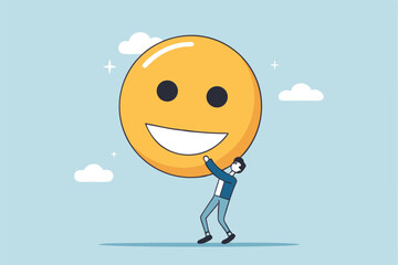Job satisfaction, employee happiness or optimistic attitude, cheerful morality or endorphins for positive thinking, feel good, emotional intelligence concept, businessman carry big happy smile face.