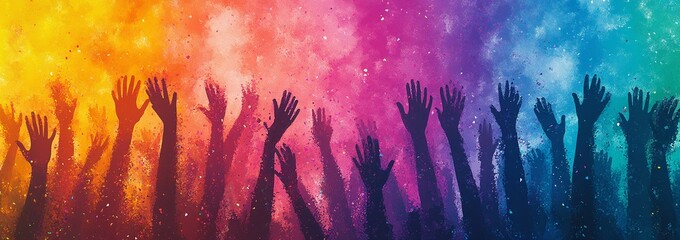 A vibrant celebration of unity, shown through silhouettes of raised hands against a colorful powder explosion. Diverse hands reaching upwards in joyful expression.