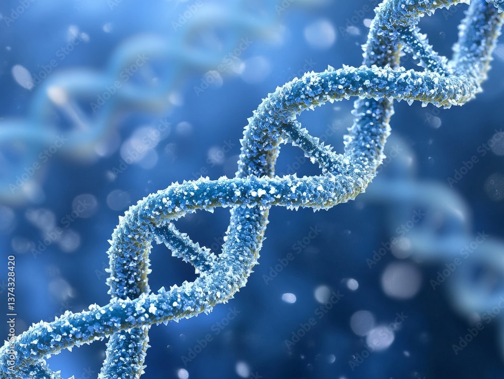 Poster bright glowing dna double helix rendered in deep blue particle style with subtle shine on abstract s
