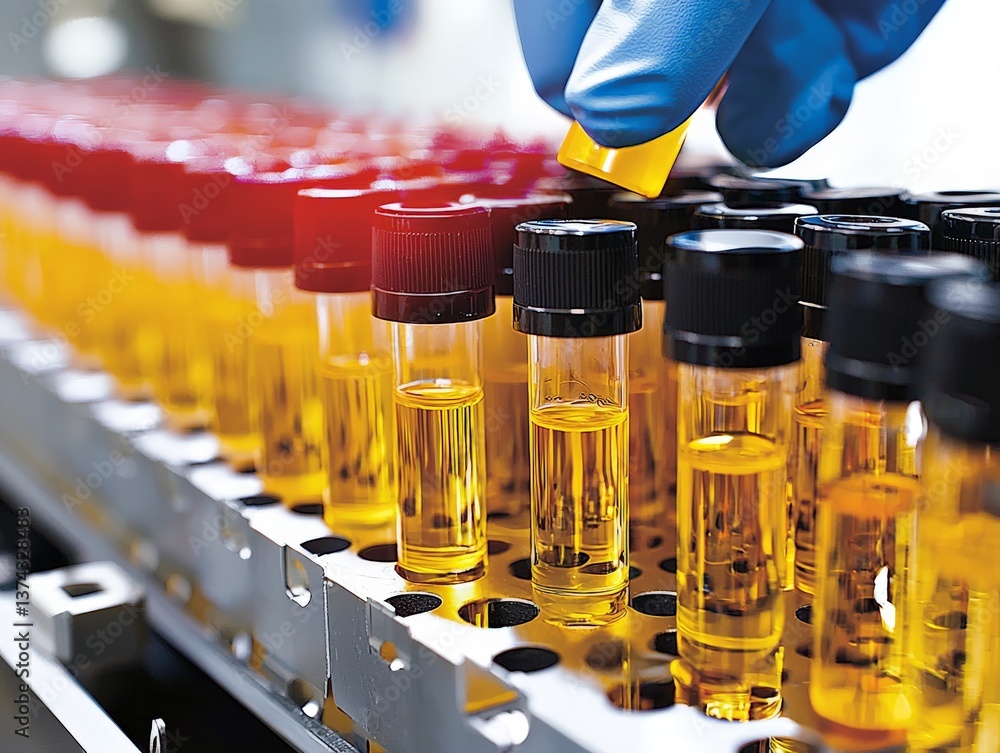 Poster lab technician handling yellow test tube in automated vial processing line with organized rows under