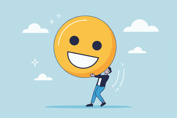 Job satisfaction, employee happiness or optimistic attitude, cheerful morality or endorphins for positive thinking, feel good, emotional intelligence concept, businessman carry big happy smile face.