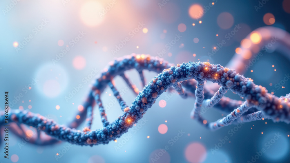 Poster a stylized graphic representation of a dna double helix with glowing blue and orange particles to hi