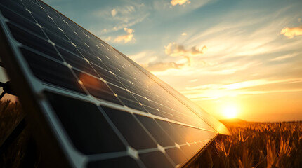 Solar Panels at Sunset's Glow: Sustainable Energy Amidst Golden Fields, Powering the Future with Clean, Renewable Sunlight in a Scenic Landscape.