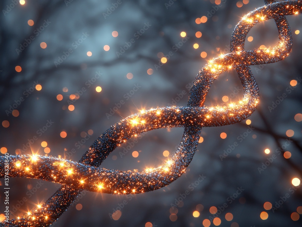 Aufkleber glowing digital dna double helix structure glowing against dark background of neurons and particles 