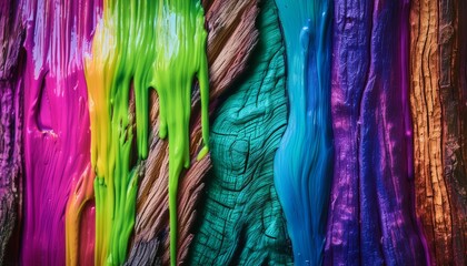 Neon Paint Drips on Textured Bark