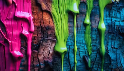Neon Paint Drips on Textured Bark