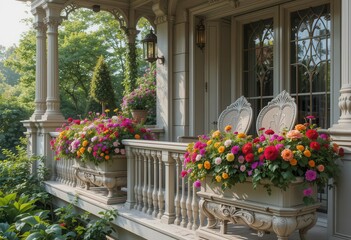 Obraz premium Romantic Balcony Classic Victorian Style with Floral Displays Elegant Seating