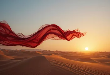 Gardinen  Crimson Silk Billowing in the Wind, Desert Landscape, Dramatic Lighting, Texture Detail, Photorealistic Quality © Sanook