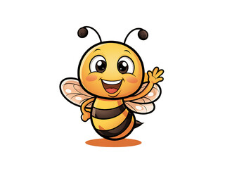 A cheerful cartoon bee waves hello with a bright smile and happy expression.