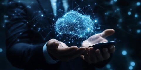 Hands Hold Blue Cloud with Lines & Glowing Points over Smartphone, Digital Network