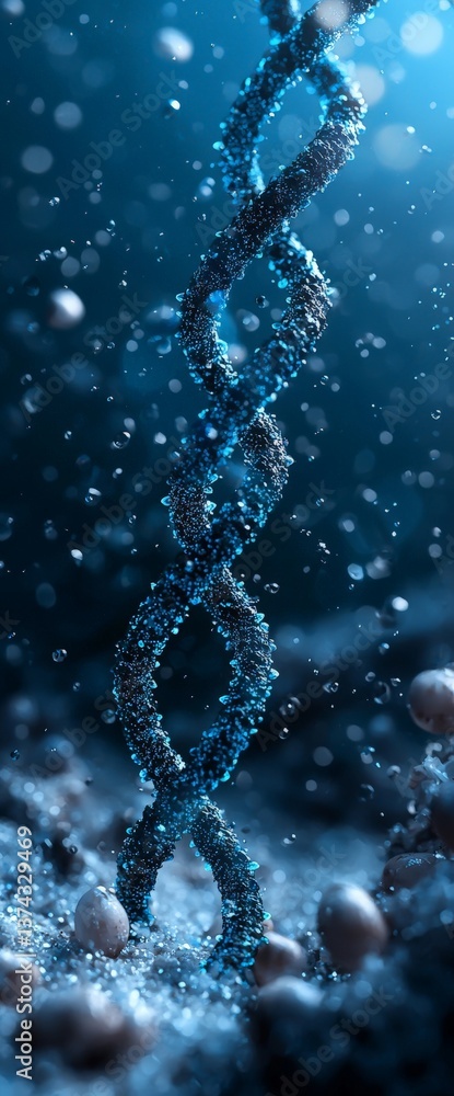 Poster icy blue molecular strand floating in dark high contrast background illuminated by particles symboli