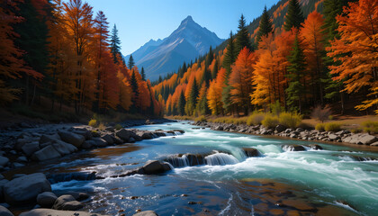 An autumn mountain landscape showcases a scenic creek flowing through a forest of trees