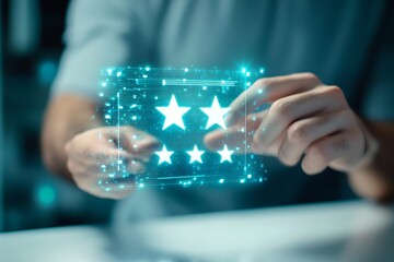 Hands Holding Glowing Five Stars Icon on Transparent Background