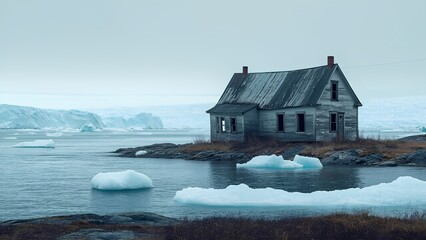 An old, weathered house stands alone on a rocky shore, surrounded by calm water and icebergs in the distance. Fog blankets the scene, creating an eerie atmosphere.