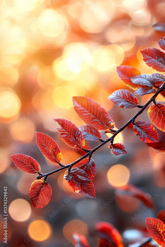 Poster red plant branch with thin leaves illuminated by golden sunlight on softly blurred background with b