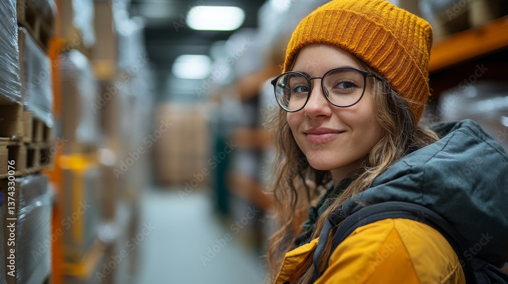 Poster A logistics worker stands among rows of shelves stacked with cargo and packages in a large warehouse, smiling and ready to take on inventory tasks.