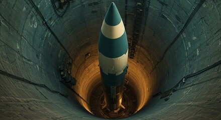Strategic Sentinel: A missile stands poised within a concrete silo, its sleek design a testament to technological might.  The image evokes the tension of defense, the precision of engineering. 