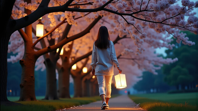 Woman walking with lantern under cherry blossoms at dusk