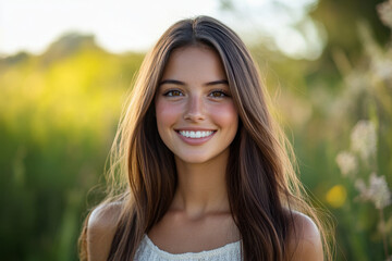Naklejka premium Beautiful young girl standing in a field of flowers, the sun casting a warm glow on her smiling face.