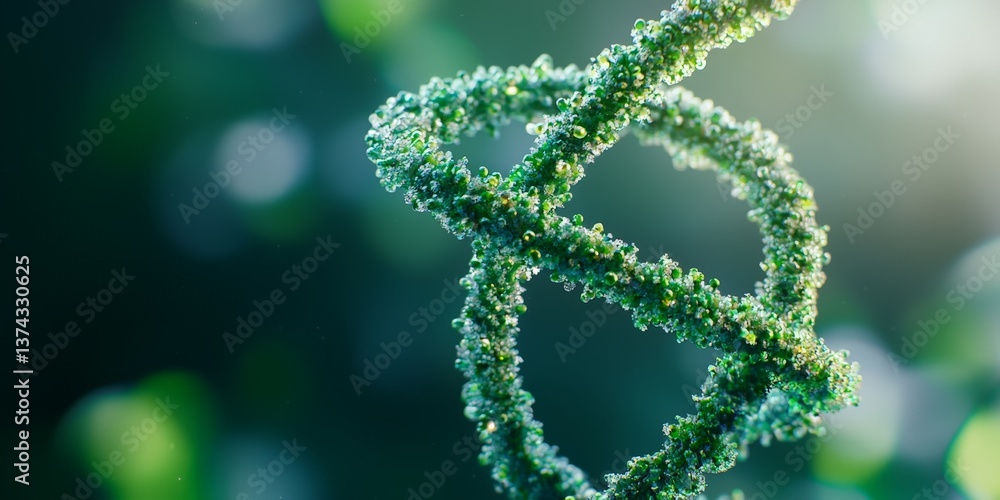 Poster green textured dna helix on natural environment background with leaf structure and fuzzy particles i