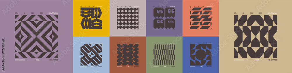 Poster kit of postmodern geometric compositions with abstract shapes in brutalism aesthetics, mosaic of bru