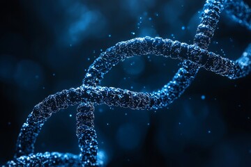Dark blue dna structure glowing with particle effects in low light digital science simulation representing molecular data and biotechnology background